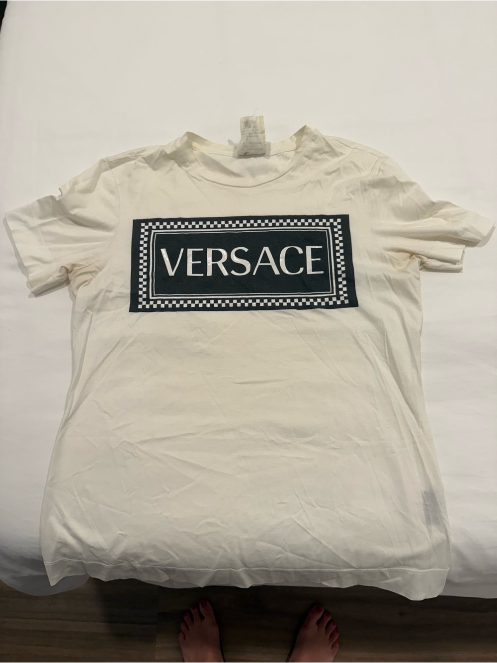 Versace White Short-Sleeve Logo Tee with Black Patch